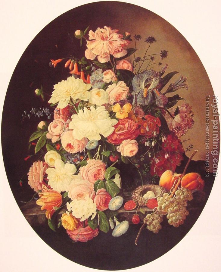 Severin Roesen : Still Life with Flowers Oval